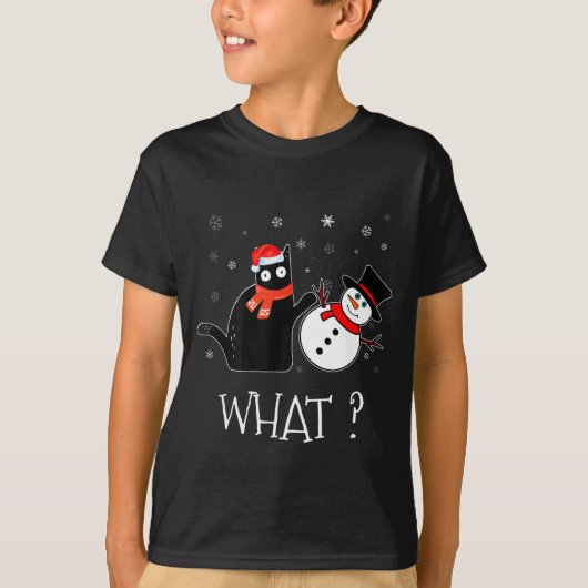 Funny Black Cat Pushing Snowman Christmas Winter C Tシャツ (正面)