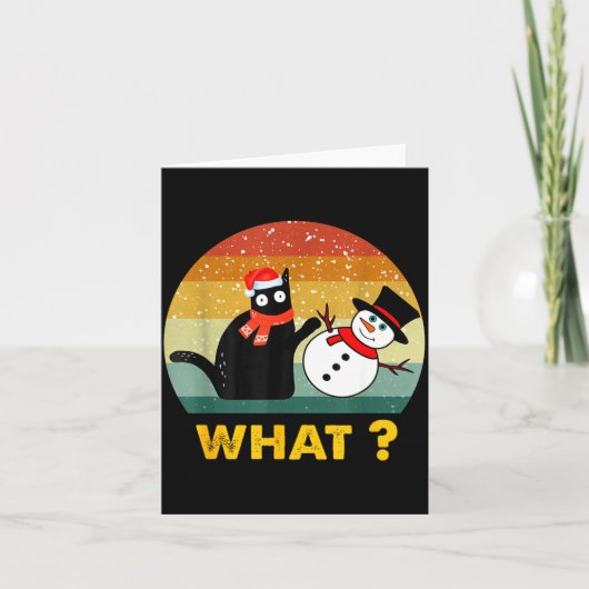 Funny Black Cat Pushing Snowman Xmas Winter Costum カード (正面)