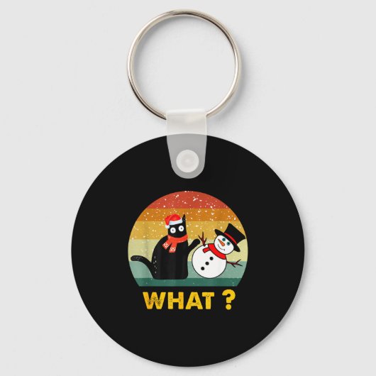 Funny Black Cat Pushing Snowman Xmas Winter Costum キーホルダー (正面)