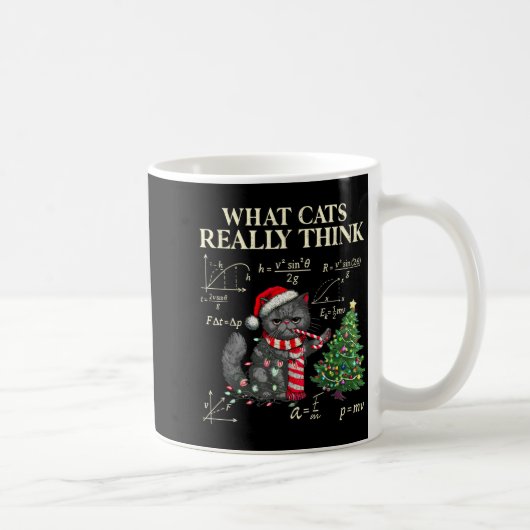 Funny Black Cat Pushing Xmas Tree Over Cats Physic コーヒーマグカップ (右)