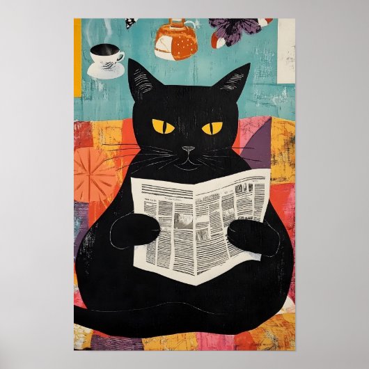 Funny Black cat Reading Newspaper ポスター (正面)