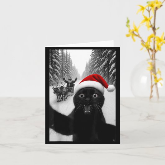 Funny Black Cat Selfie With Santa Christmas Men Wo カード (黄色い花)