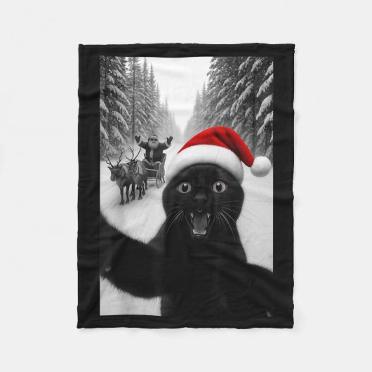 Funny Black Cat Selfie With Santa Christmas Men Wo フリースブランケット (正面)