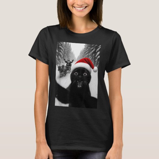Funny Black Cat Selfie With Santa Christmas Men Wo Tシャツ (正面)
