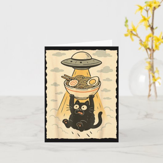 Funny Black Cat Ufo Ramen Alien Abduction Graphic カード (黄色い花)