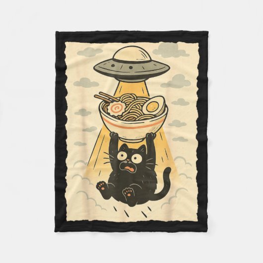 Funny Black Cat Ufo Ramen Alien Abduction Graphic フリースブランケット (正面)