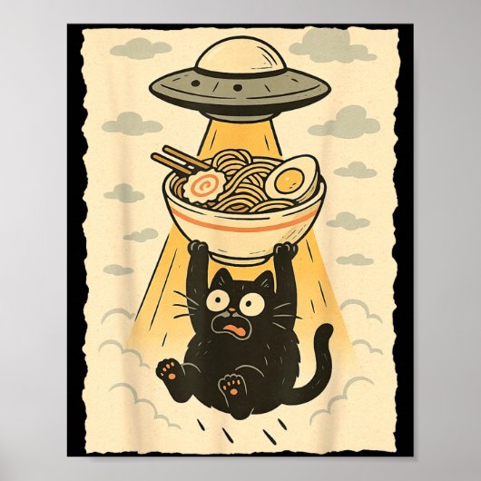 Funny Black Cat Ufo Ramen Alien Abduction Graphic  ポスター (正面)