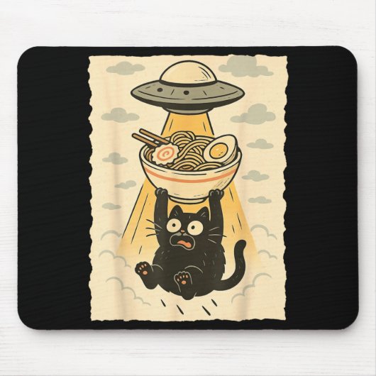 Funny Black Cat Ufo Ramen Alien Abduction Graphic  マウスパッド (正面)