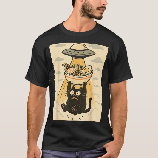 Funny Black Cat Ufo Ramen Alien Abduction Graphic  Tシャツ (正面)