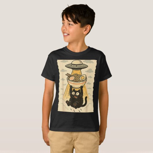 Funny Black Cat Ufo Ramen Alien Abduction Graphic  Tシャツ (正面フル)