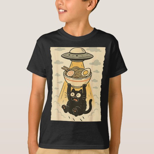 Funny Black Cat Ufo Ramen Alien Abduction Graphic  Tシャツ (正面)