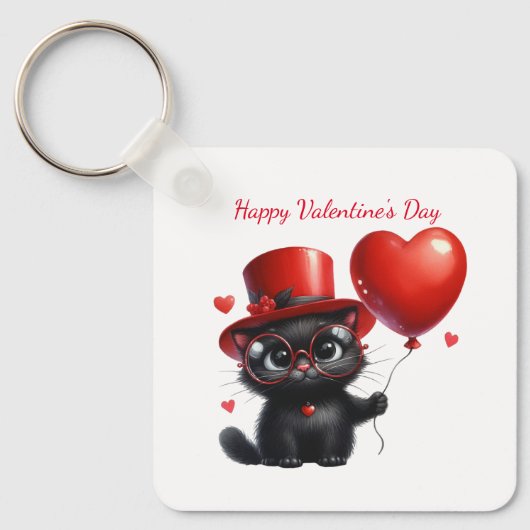 Funny Black Cat With Balloons Valentine's Day キーホルダー (正面)