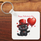 Funny Black Cat With Balloons Valentine's Day キーホルダー (正面)