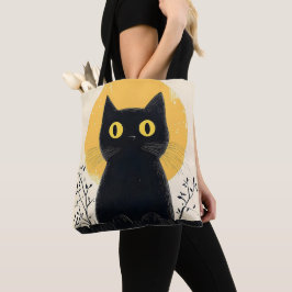 Funny Black cat with Full Moon トートバッグ
