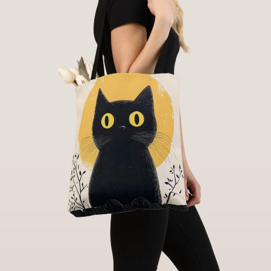 Funny Black cat with Full Moon トートバッグ (クローズアップ)