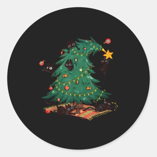 Funny Black Cats Christmas Xmas Tree Family Pajama ラウンドシール (正面)