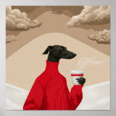 Funny Black Greyhound in Red Sweater Coffee Art ポスター (正面)