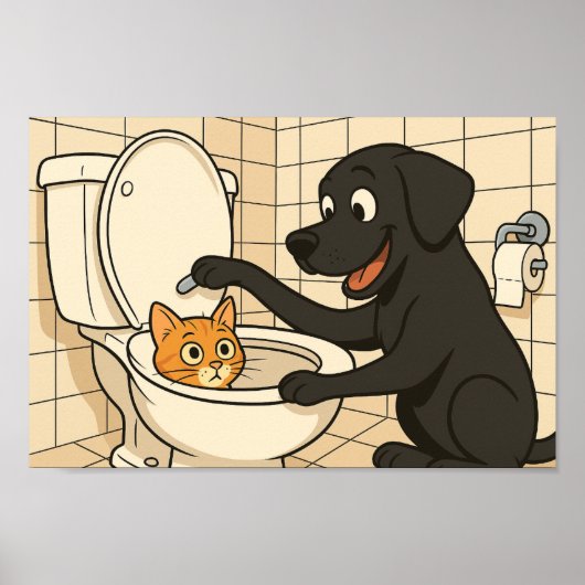 Funny Black Labrador and Cat Bathroom Art  ポスター (正面)