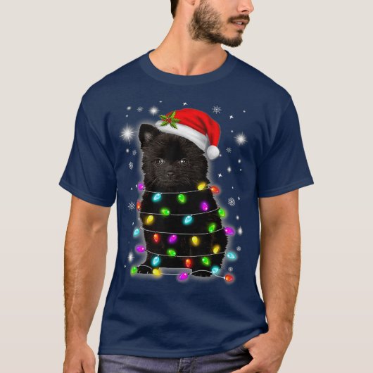 Funny Black Pomeranian Santa Hat Christmas Lover Tシャツ (正面)