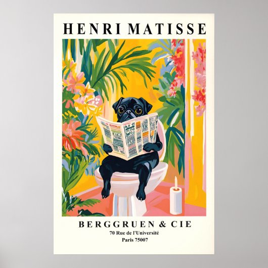 Funny Black Pug Bathroom Print Matisse Style ポスター (正面)