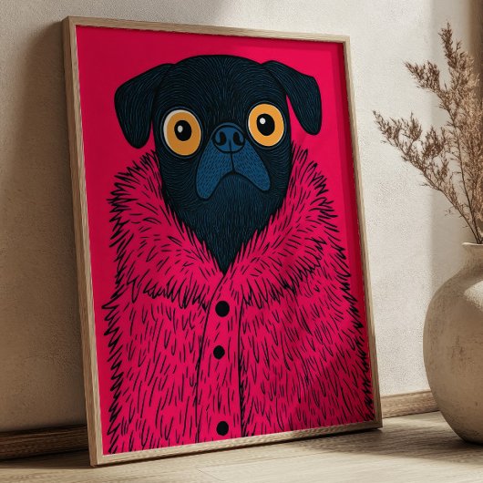 Funny Black Pug in Pink Fur Animal Fashion Art ポスター