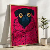 Funny Black Pug in Pink Fur Animal Fashion Art ポスター