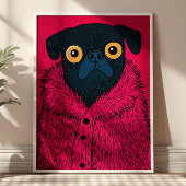 Funny Black Pug in Pink Fur Animal Fashion Art ポスター