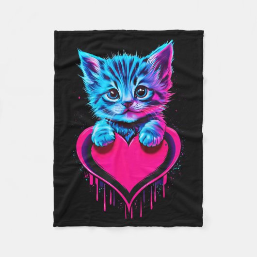 Funny Blacklight Glitch Art Cute Cat Kitten Valent フリースブランケット (正面)
