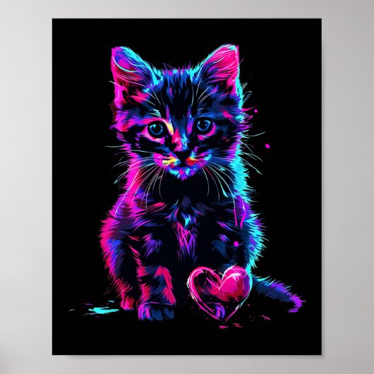 Funny Blacklight Glitch Art Cute Cat Kitten Valent ポスター (正面)