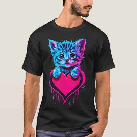 Funny Blacklight Glitch Art Cute Cat Kitten Valent Tシャツ (正面)
