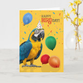 Funny Blue and Gold Macaw Parrot Birthday カード (黄色い花)