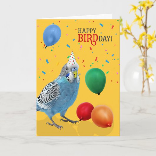 Funny Blue and White Budgie Parakeet Birthday カード (黄色い花)