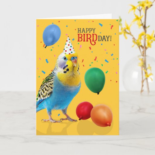 Funny Blue and Yellow Budgie Parakeet Birthday カード (黄色い花)