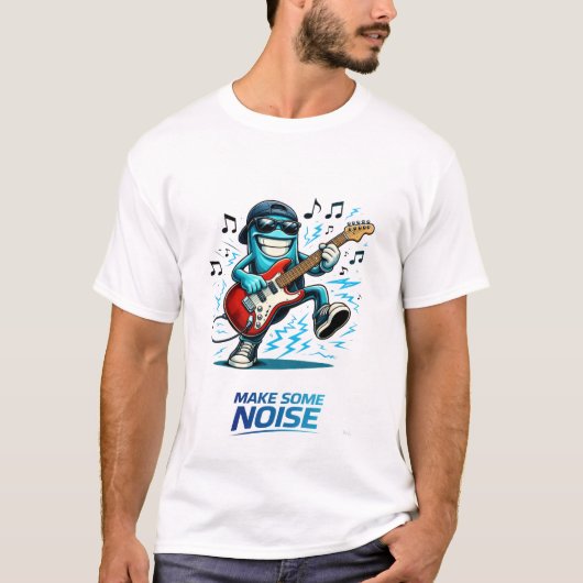 Funny Blue Guitar Player Character Music Tシャツ (正面)