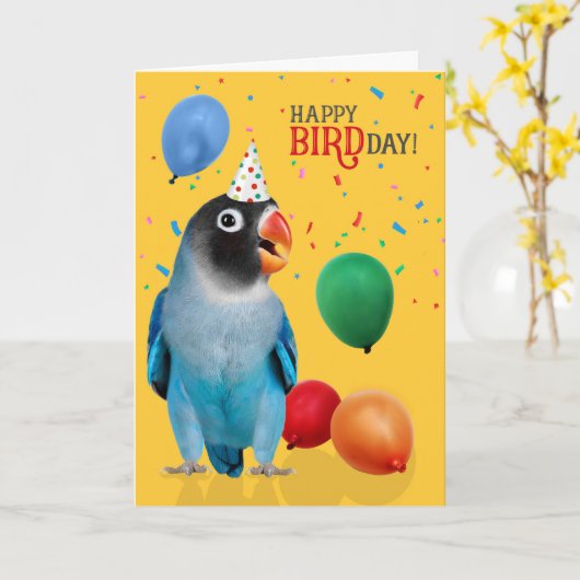 Funny Blue Lovebird Parrot Birthday カード (黄色い花)