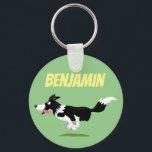 Funny Border Collie dog running cartoon キーホルダー<br><div class="desc">This fun dog design features our running border collie drawn in happy cartoon illustration style for lovers of this cute canine companion.</div>