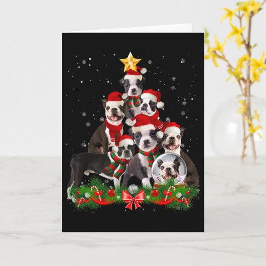 Funny Boston Terrier Dog Christmas Tree  カード (黄色い花)
