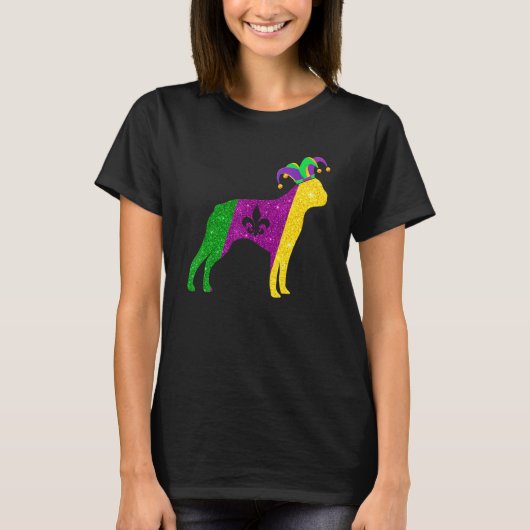 Funny Boston Terrier Dog Mardi Gras Party Mask Bea Tシャツ (正面)