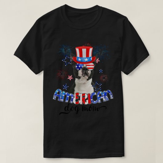 Funny Boston Terrier Wearing Sunglasses USA Flag 4 Tシャツ (デザイン正面)