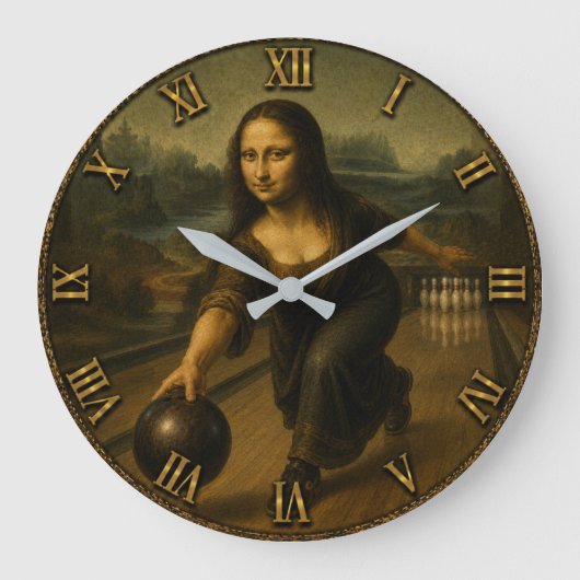 Funny Bowling Mona Lisa Bowler Gift ラージ壁時計 (正面)
