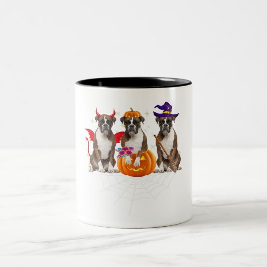 Funny Boxer Halloween Dog Lover Pumpkin Spider Web ツートーンマグカップ (中央)