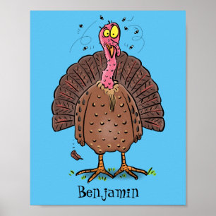 Funny brown farmyard turkey with flies cartoon ポスター