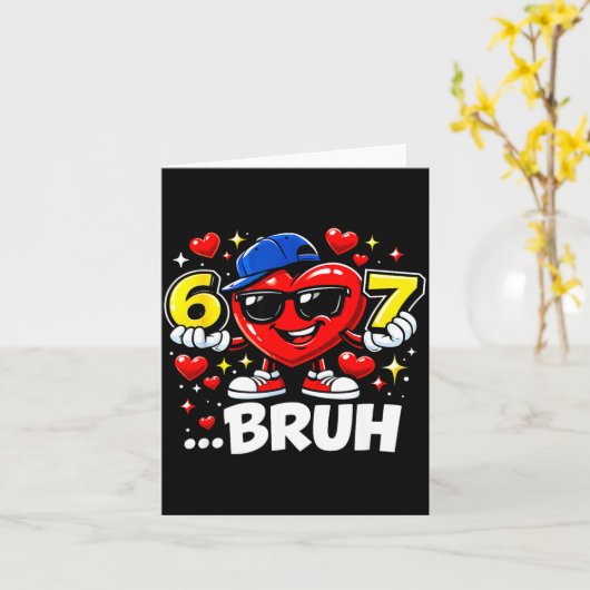 Funny Bruh 67 Six Seven Meme Valentine Heart Dabbi カード (黄色い花)