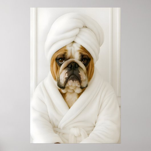 Funny Bulldog Bathroom Print, Bulldog In Bathrobe ポスター (正面)