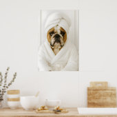 Funny Bulldog Bathroom Print, Bulldog In Bathrobe ポスター (キッチン)