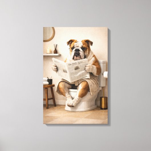 Funny Bulldog Reading Newspaper Bathroom Humor キャンバスプリント (正面)