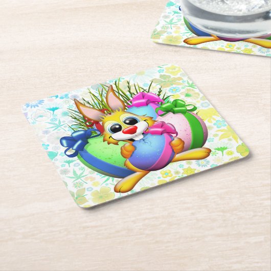 Funny Bunny biting an Easter Egg スクエアペーパーコースター (アングル)