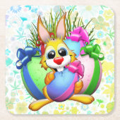 Funny Bunny biting an Easter Egg スクエアペーパーコースター (正面)