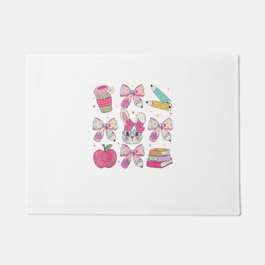 Funny Bunny Coquette Bow Rabbit Teacher Easter Ret ドアマット (正面)