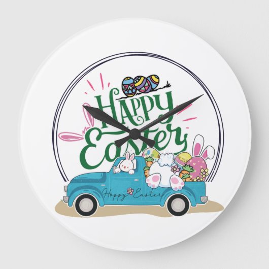 Funny Bunny Happy Easter Day ラージ壁時計 (正面)